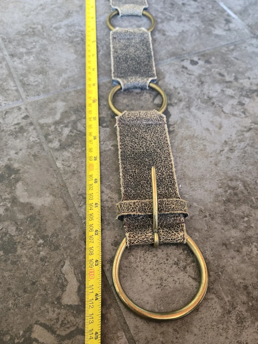 Vintage Rustic Genuine Leather Belt With Brass Rings Hoops Brown Grey